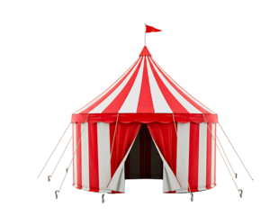 Classic red and white striped circus tent with open entrance isolated on transparent background