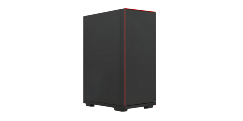 Elegant black computer case with striking red accent isolated on black background