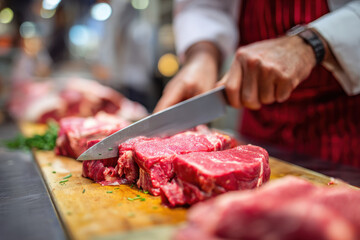 Butcher preparing fresh meat at a market counter
