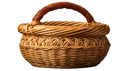Obraz premium Rustic woven willow basket with twisted handle and intricate weave detail isolated on transparent background