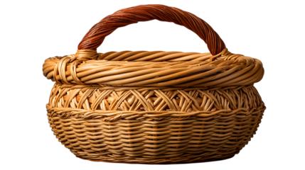 Rustic woven willow basket with twisted handle and intricate weave detail isolated on transparent background