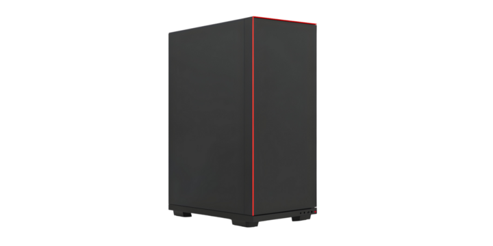 Elegant black computer case with striking red accent isolated on black background