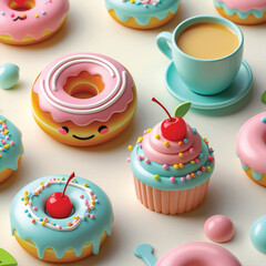 Pastel Kawaii Food Icon Pack  Smiling Donuts, Cupcakes & Boba Tea