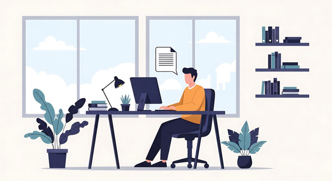 Man Working at a Computer Desk in a Modern Office