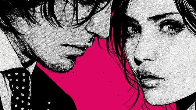 Close up illustration of a man and woman with dramatic facial expressions and a pink background