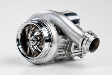 A polished turbocharger isolated on white