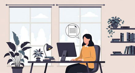Woman Working at Desk with Computer and Document Thought Bubble