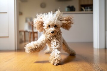 Toy poodle running on slippery wooden floor indoors
