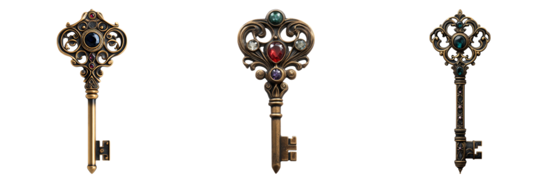 Vintage Decorative Keys Isolated on Transparent Background for Design