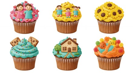 Colorful cupcakes with various toppings