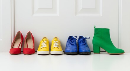 Colorful footwear displayed in a row