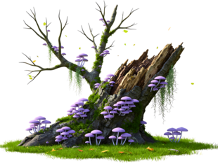 Enchanted dead tree stump covered in moss and purple mushrooms isolated