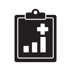 Fototapeta premium Healthcare analytics solid icon showing a medical chart on a clipboard for hospital performance statistics and patient data analysis report vector glyph