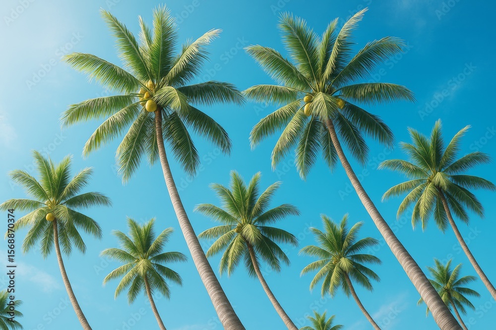 Poster tropical palm trees with coconuts under bright blue sky in summer sunlight, ideal for travel and exo