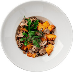 Delicious roasted potatoes with mushrooms and fresh herbs on a white plate, perfect for a gourmet meal.