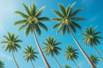 Tropical palm trees with coconuts under bright blue sky in summer sunlight, ideal for travel and exotic background concepts.