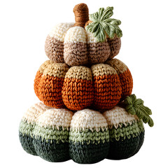 Crochet fall table centerpiece with stacked pumpkins in mixed yarn colors, handmade thanksgiving decor, isolated transparent background styled for baby shower
