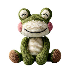 Crochet frog plush with wide smile and pink cheeks, handmade amigurumi-style toy in green yarn, sitting pose, isolated transparent background styled for baby shower