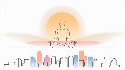 Minimalist Line Art of Meditating Figure on Rooftop at Sunrise, Urban Mindfulness Concept