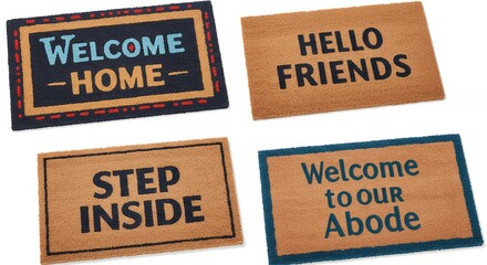 Four doormats with welcome phrases
