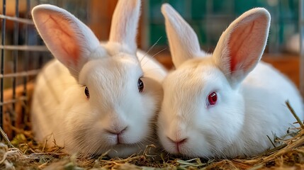 Two white rabbits nestled
