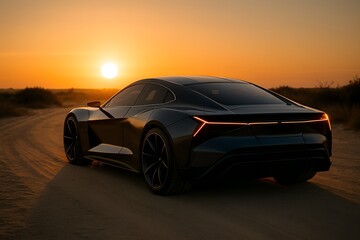 Fototapeta premium Sleek Electric Car on Desert Road at Sunset with Modern Tail Lights