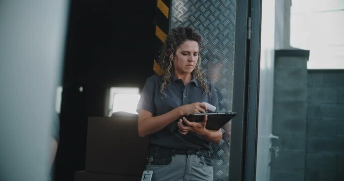 Outside of Logistics Distribution Warehouse: Diverse Employees Unloading Cardboard Boxes, Female Manager Using Digital Tablet and Barcode Scanner. Express Delivery Service. E-Commerce Online Orders.