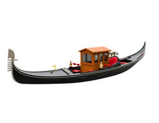 Traditional venetian gondola with wooden cabin and red seats isolated on transparent background