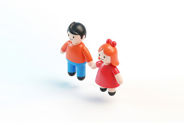 3D rendered stylized boy and girl figures holding hands, floating on a white background