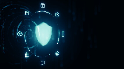 Futuristic cybersecurity interface with glowing shield icon and digital connection elements, symbolizing data protection, privacy, and secure technology infrastructure.