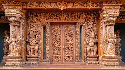 Obraz premium Intricate Wooden Door with Elaborate Carvings and Classic Details
