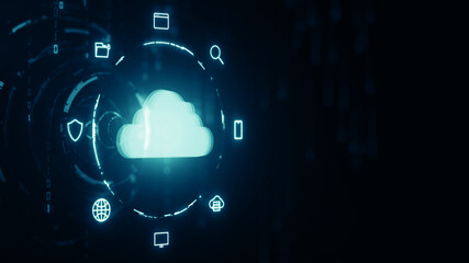 Futuristic cloud computing interface with data storage, security, and internet connectivity icons. Concept for cloud services, network access, and digital transformation.