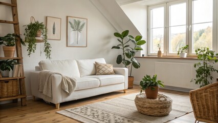 Naklejka premium Cozy living room with plants and natural light.