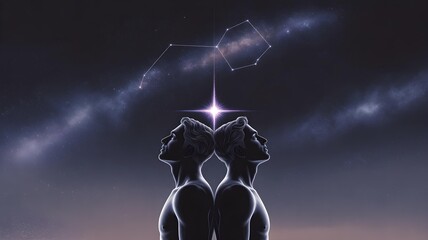 Castor and Pollux Silhouettes Under Gemini Constellation in Starry Sky