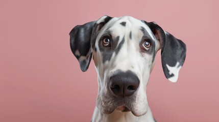 Graceful great dane dog relaxing in a soft pink background with a dreamy depth of field creating a whimsical scene
