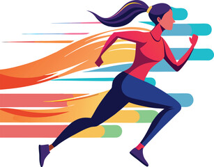 Dynamic illustration of a woman running with colorful motion blur streaks and abstract shapes representing speed and energy isolated on transparent background