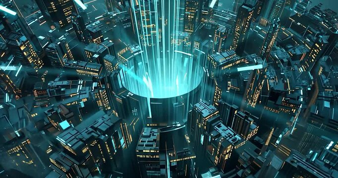 High-angle futuristic city with glowing energy conduits