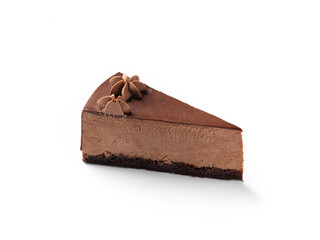 A single slice of rich and decadent chocolate cheesecake on white.