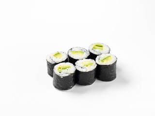 Six fresh avocado sushi rolls sit isolated, ready for a delicious meal on a white backdrop.