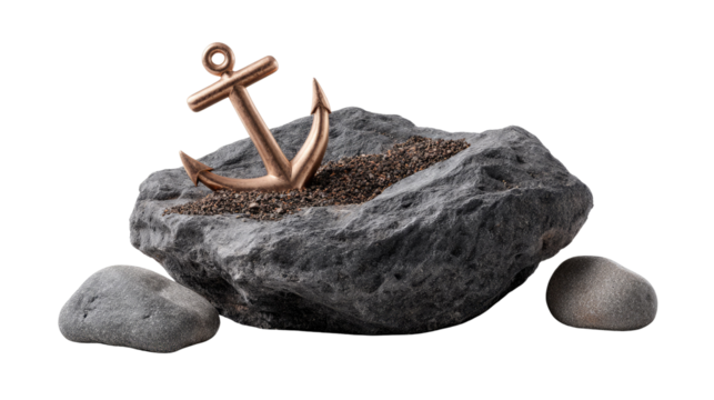 Anchor on Rock: A small, bronze-colored anchor rests gently on a dark gray rock, surrounded by smaller stones, creating a serene and symbolic image.