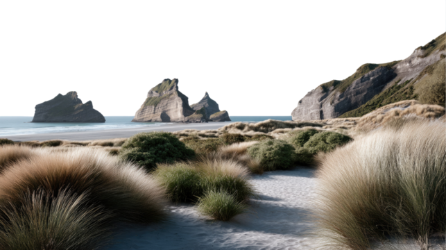 Coastal Serenity: A picturesque coastal landscape showcasing a tranquil sandy beach and weathered rock formations, creating a serene and idyllic panorama of natural beauty.