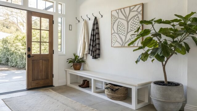 Modern entryway with a bench, plants, and decorative wall art.