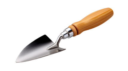 Gardening Trowel: A close-up shot of a small, sturdy gardening trowel with a wooden handle and a metallic blade, perfect for planting and transplanting seedlings.
