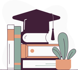 Graduation Cap on Books with Plant Flat Vector Education Illustration