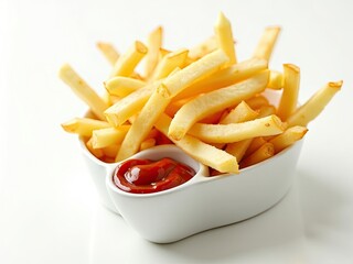 A crisp gleaming bowl of golden French fries freshly