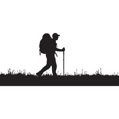 Silhouette hiker with backpack and walking stick traversing grassy terrain vector