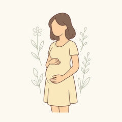 Minimalist faceless illustration of a pregnant woman in a light dress with floral background elements. Gentle pastel tones suitable for maternity, motherhood, and family themes.