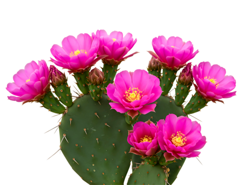 Prickly pear cactus with vibrant pink flowers isolated on transparent background