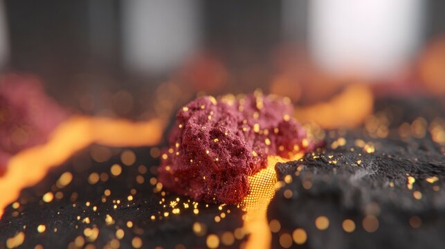 Abstract macro view of textured surfaces with glowing particles and organic shapes