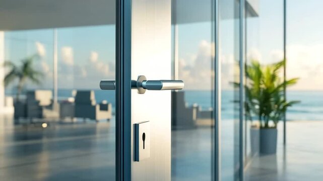Modern glass door handle with keyhole in bright room featuring metal handle and patio furniture, outdoor seating with ocean view, contemporary design enhancing calm inviting atmosphere